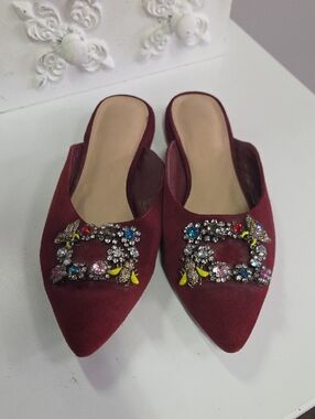 Women's Pointed Mule Slides in Burgundy with Crystal Embellishment
